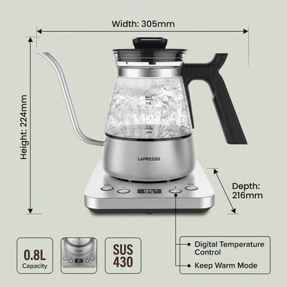 LePRESSO BrewWave Gooseneck Electric Kettle – 0.8L Stainless Steel | Digital Temperature Control | Keep Warm Mode | Temperature Display