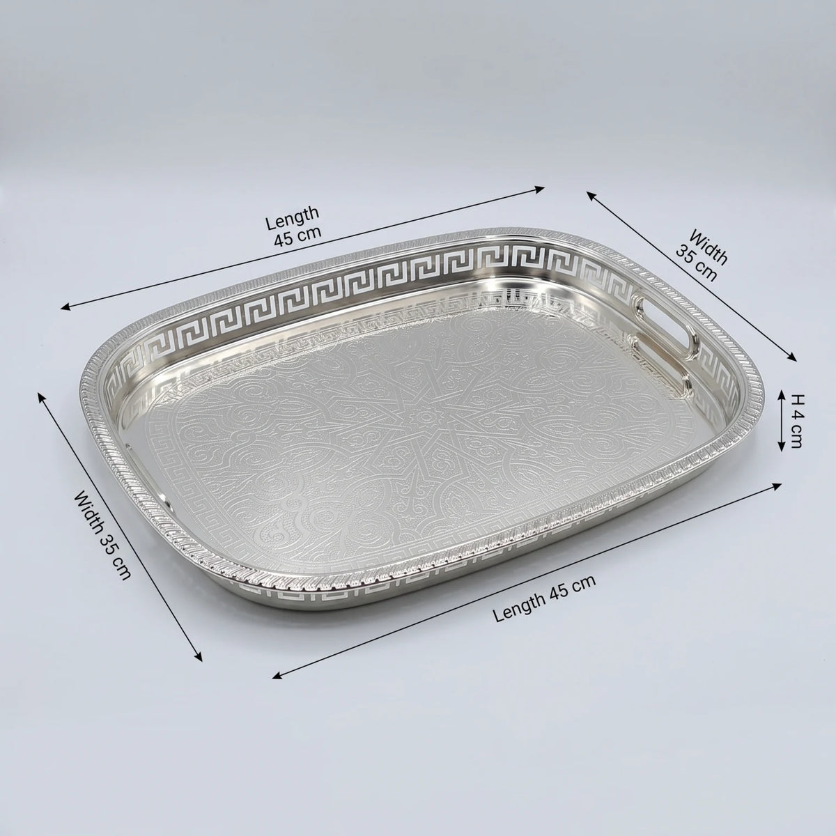 M.E.W Luxury Metal Serving Tray with Mirrored Center – Small, Medium or Large | Silver or Gold | Engraved Greek Key Border - Silver / Small - Image 2