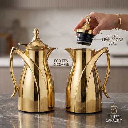 Pilsco Two Piece Vacuum Flask Set 1 Liter Gold Color | Leak Proof Tea and Coffee Flasks, Keeps Drinks Hot or Cold