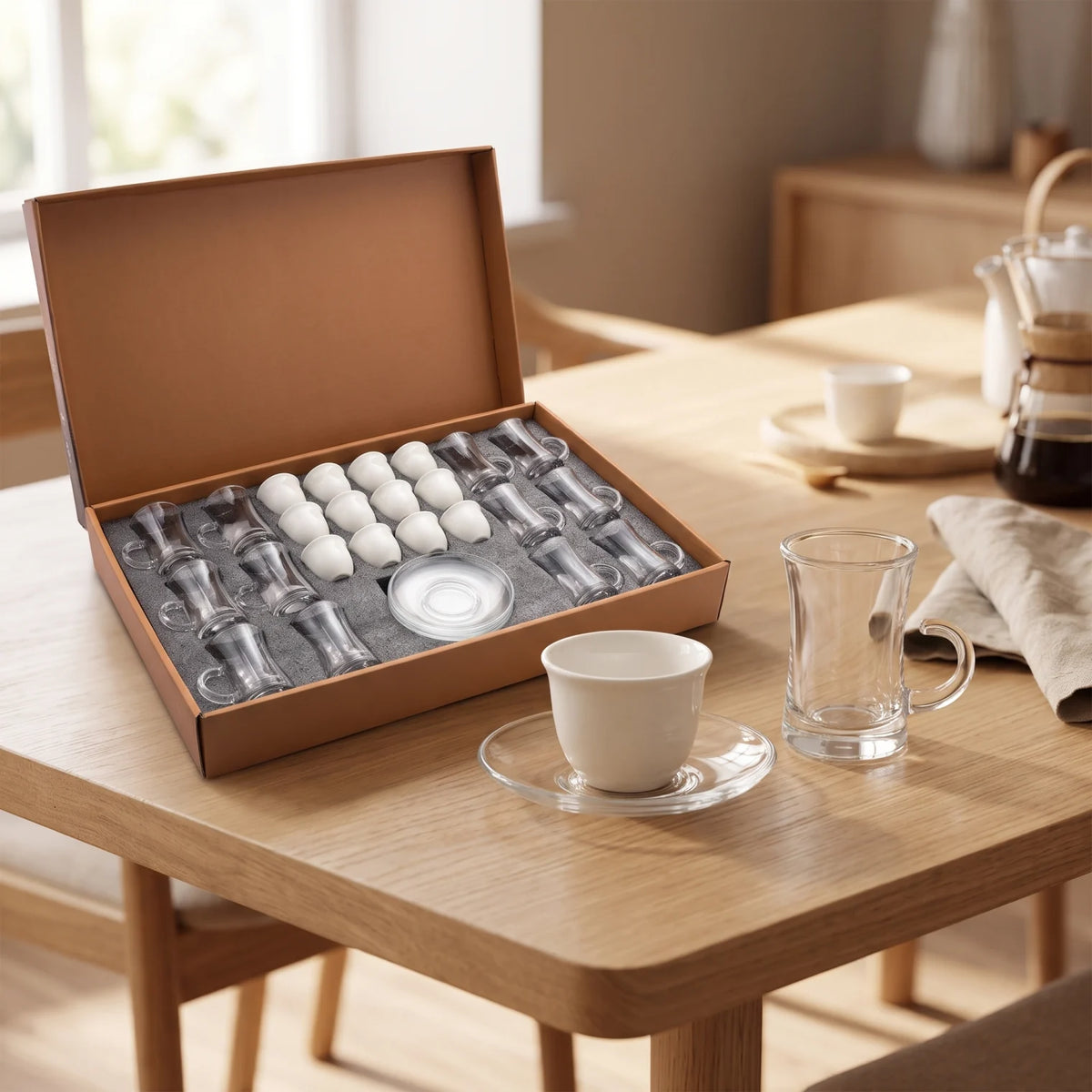 36-Piece Cups and Saucers Set – 12 Glass Cups, 12 Fine Porcelain Coffee Cups & 12 Glass Saucers for Tea and Coffee