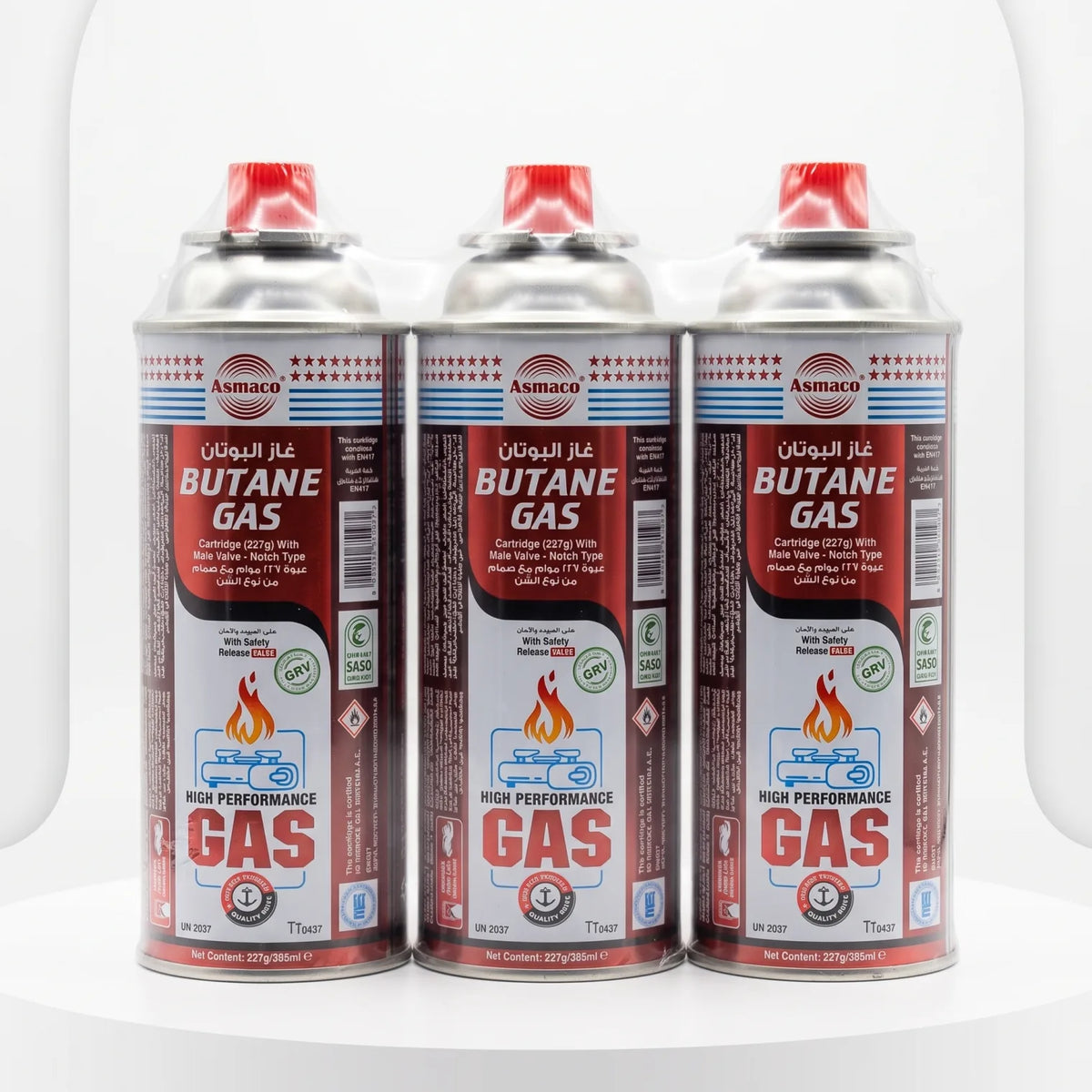 Asmaco Butane Gas Pack of 3 (3 x 95ml) – High Performance Gas Cartridges with Male Valve, Notch Type, Safety Release Valve and EN417 Marking