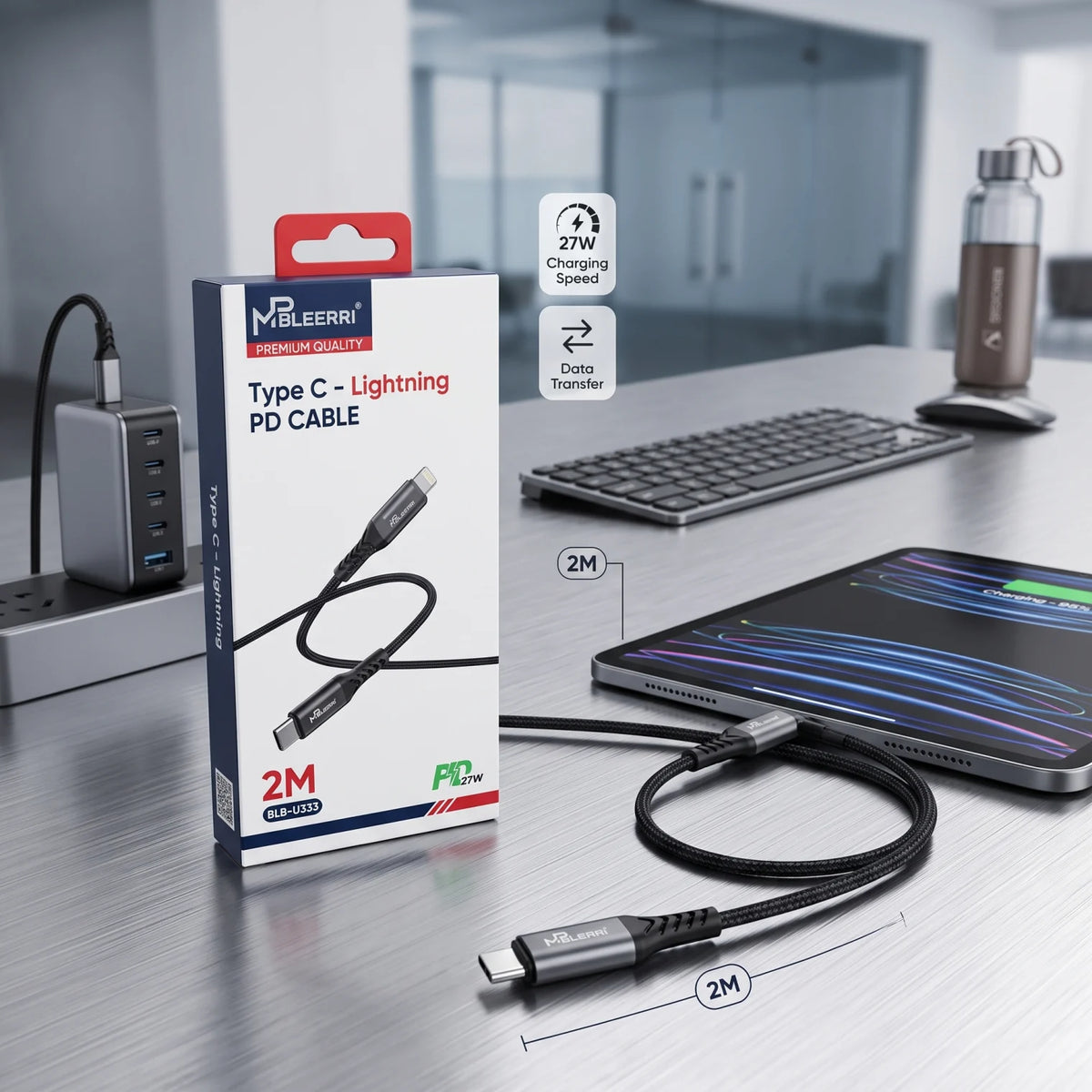 MBLERRI Type C - Lightning PD CABLE BLB-U333 – 2M Black Braided USB-C to Lightning Charging and Data Cable, 27W Power Delivery