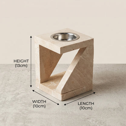 Natural Travertine Stone Madkhan – 13cm Tall | Beige Stone Design | Silver Metal Insert | Decorative Pedestal Style