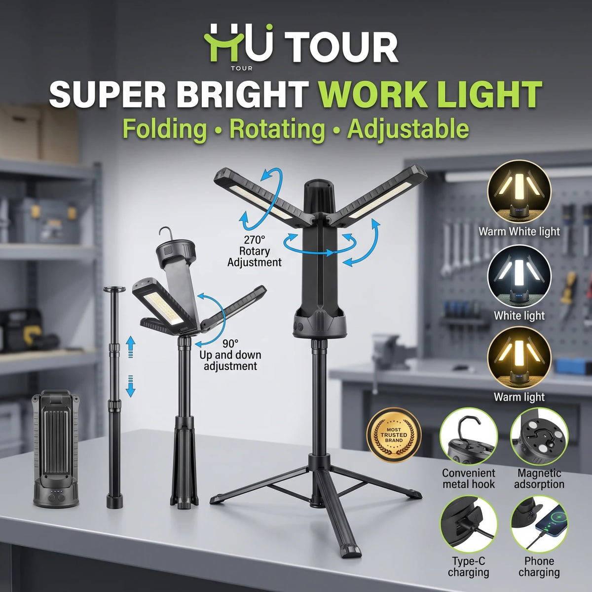 HU Tour Super Bright Work Light – Folding LED Tower Light with Adjustable Panels, 270°/90° Rotation and Telescoping Pole