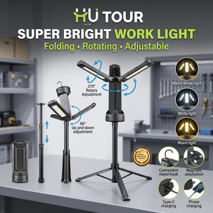 HU Tour Super Bright Work Light – Folding LED Tower Light with Adjustable Panels, 270°/90° Rotation and Telescoping Pole