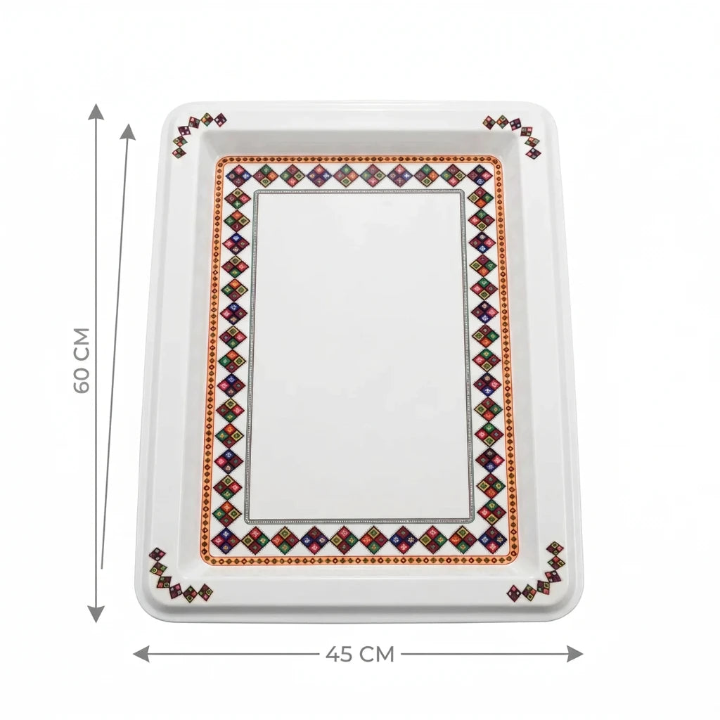 Melamine large serving Tray – 60 x 45 cm | White Geometric Design | Raised Rim Rectangular Platter for Meals and Entertaining
