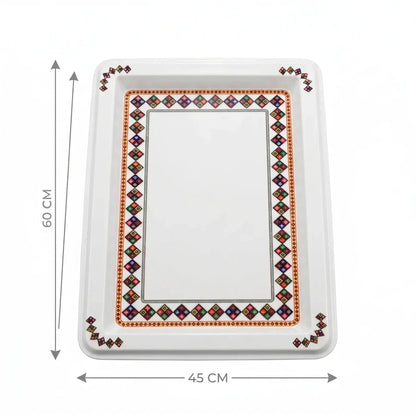Melamine large serving Tray – 60 x 45 cm | White Geometric Design | Raised Rim Rectangular Platter for Meals and Entertaining