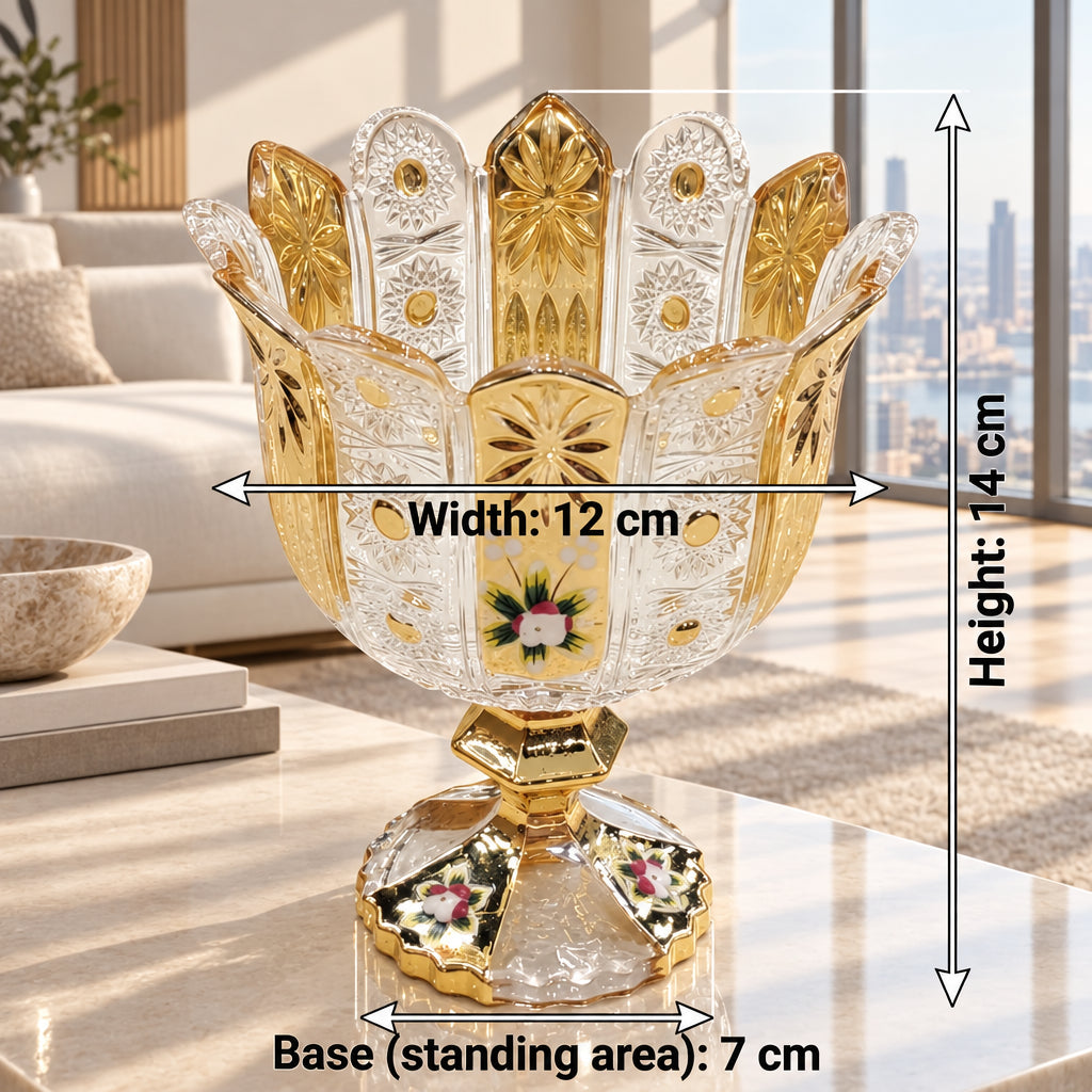 M.E.W Elegant Glass Candy Bowl – 14 cm Gold Panel Design with Raised Floral Enamel, Decorative Sweet Serving Bowl for Candies and Chocolates