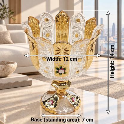 M.E.W Elegant Glass Candy Bowl – 14 cm Gold Panel Design with Raised Floral Enamel, Decorative Sweet Serving Bowl for Candies and Chocolates