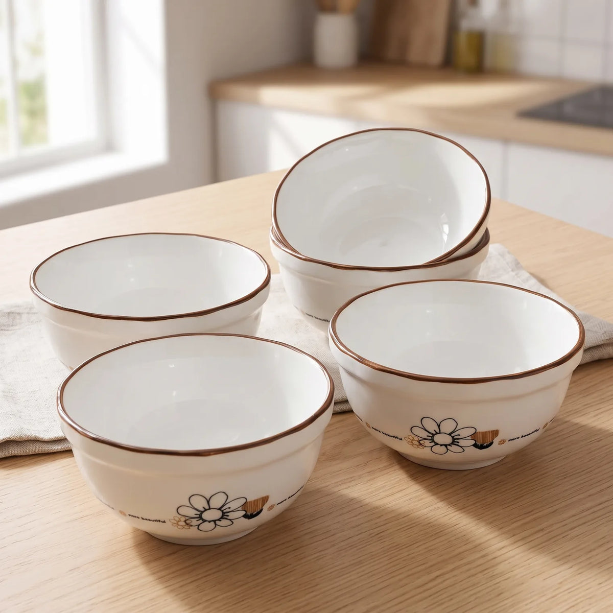 4-Pieces White Ceramic Bowls with Brown Painted Rim and Floral Daisy Motif – Set of 4 Shallow Round Tableware Bowls