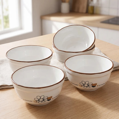 4-Pieces White Ceramic Bowls with Brown Painted Rim and Floral Daisy Motif – Set of 4 Shallow Round Tableware Bowls