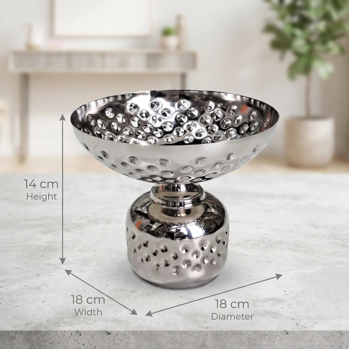 Silver Metal Decorative Fruit Bowl (Small) – 14 x 18 x 18 cm | Pedestal Design with Raised Leaf-Shape Details