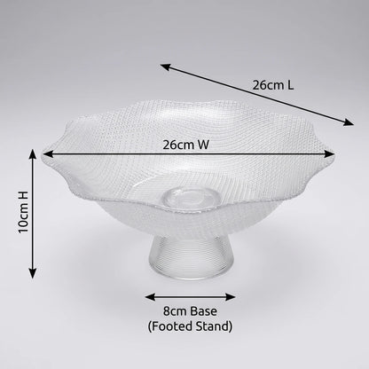 Clear Textured Glass Fruit Pedestal Bowl – Scalloped Rim, Footed Base | 10cm H x 26cm W x 26cm L, 8cm Base
