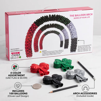 THE BALLOON ARCH Kit – UAE Flag Colors | 100 Four-Leaf Clover Balloons in Red, Green, Black and Silver | Party Decoration Set