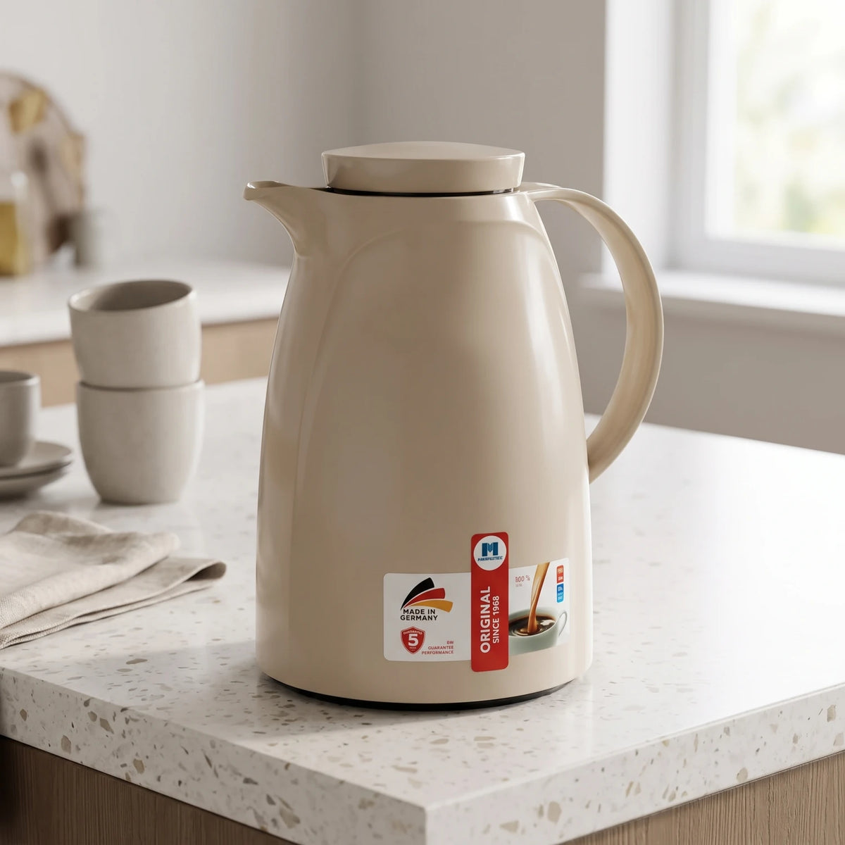Markutec German-Made Beige Vaccum Flask 1.5 Litre | Leak-Proof Tea and Coffee Carafe | Keeps Drinks Hot or Cold