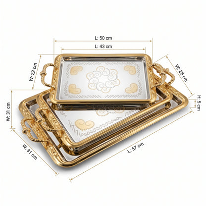 ARGTE Luxury 3-Piece Rectangular Serving Trays Set – Metallic Trays with Gold-Toned Handles and Floral-Etched Mirrored Bases