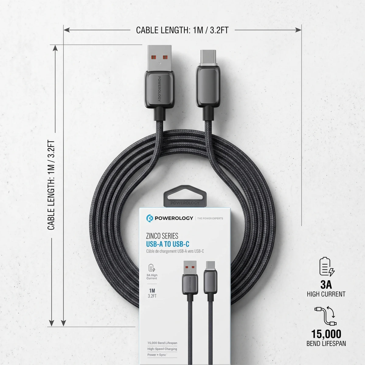 POWERОLOGY ZINCO SERIES USB-A to USB-C Cable 1M / 3.2FT | 3A High Current | High-Speed Charging & Data Sync | 15,000 Bend Lifespan