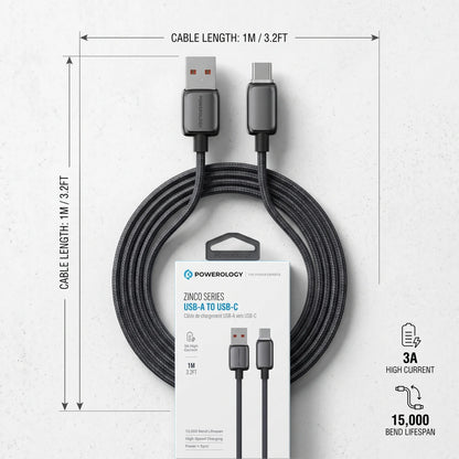 POWERОLOGY ZINCO SERIES USB-A to USB-C Cable 1M / 3.2FT | 3A High Current | High-Speed Charging & Data Sync | 15,000 Bend Lifespan