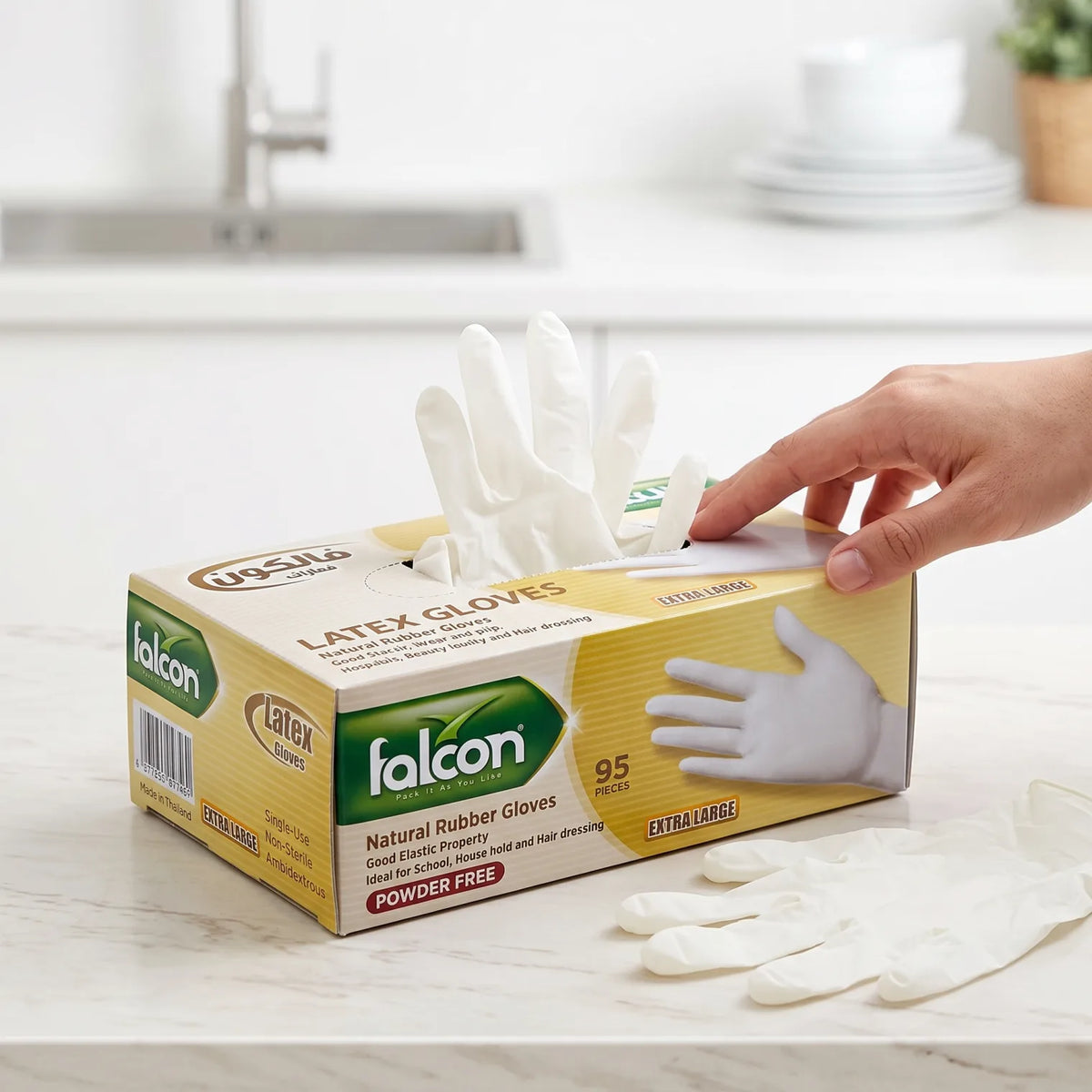 falcon Latex Gloves – Extra Large, 95 Pieces | Powder-Free Natural Rubber Household Gloves