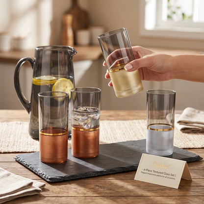 Dimlaj 6-Piece Glass Set – Textured Drinking Tumblers with Gold Bands in Mixed Metallic Tones, Presented in a Gift Box