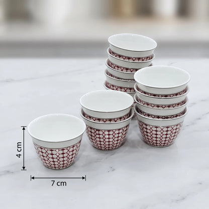 WINDCERA Porcelain 12-Pieces Gahwa Cup Set – White Cups with Red Geometric Lattice Pattern and Metallic-Colored Rims, 4 x 7 x 7 cm Each