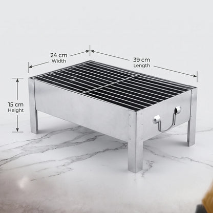 Rectangular BBQ Grill Metal Body 39 x 24 x 15 cm with Integrated Legs and Top Wire Cooking Grate