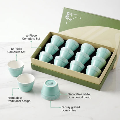 Dallah Addar Arabic Coffee Cups 12 Pieces Set – Handleless Mint Green Cups with White Ornamental Patterns