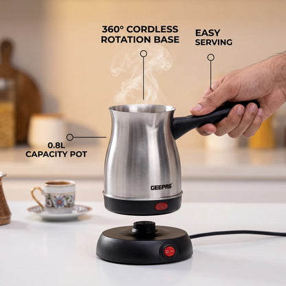 Geepas Turkish Coffee Maker GK38050 – 0.8L | Stainless Steel Body | 360° Rotation | Foamy Finish | White, Silver and Black