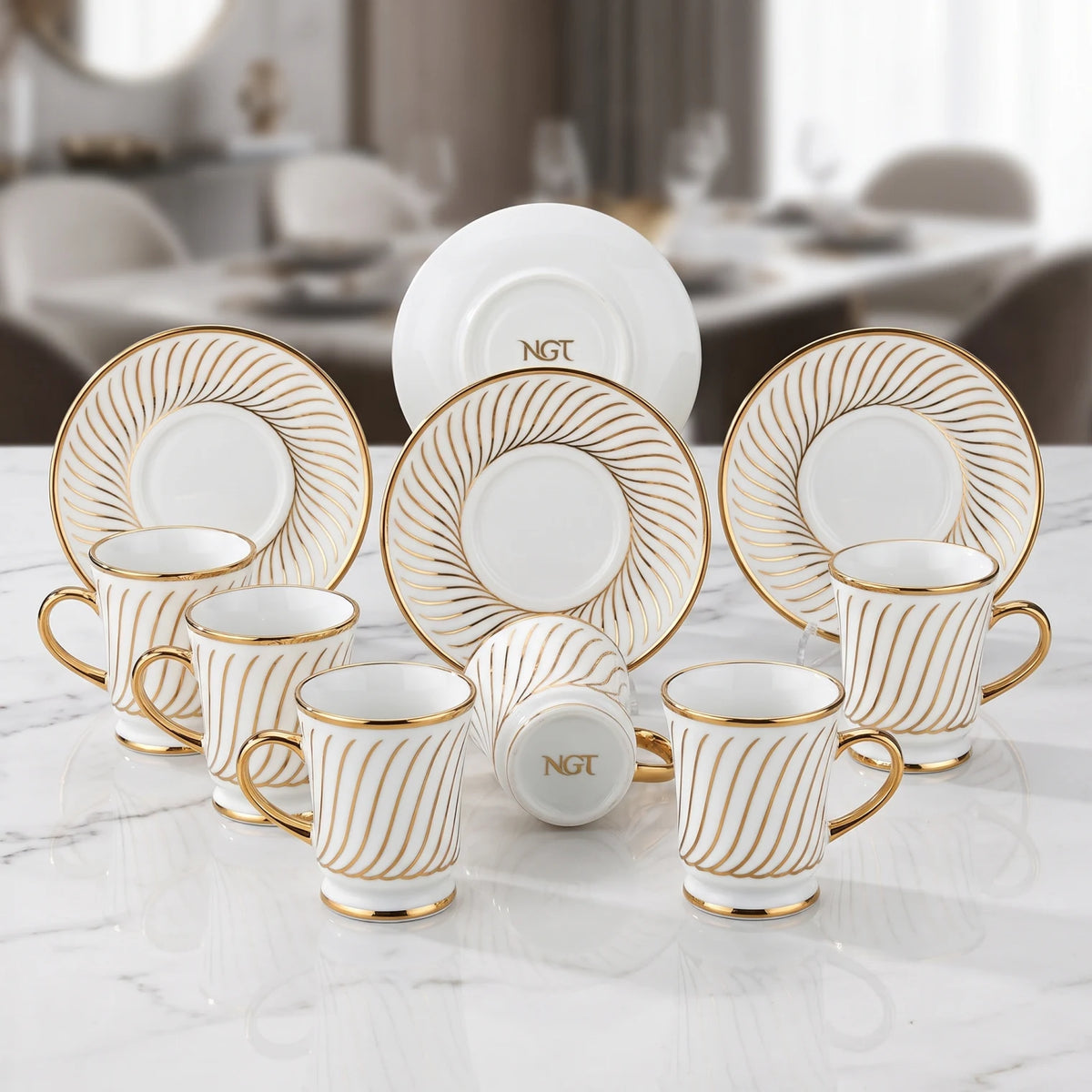 NGT Fine Porcelain Cups and Saucers Set – 12 Pieces | White Tea Coffee Cups with Gold-Colored Accents