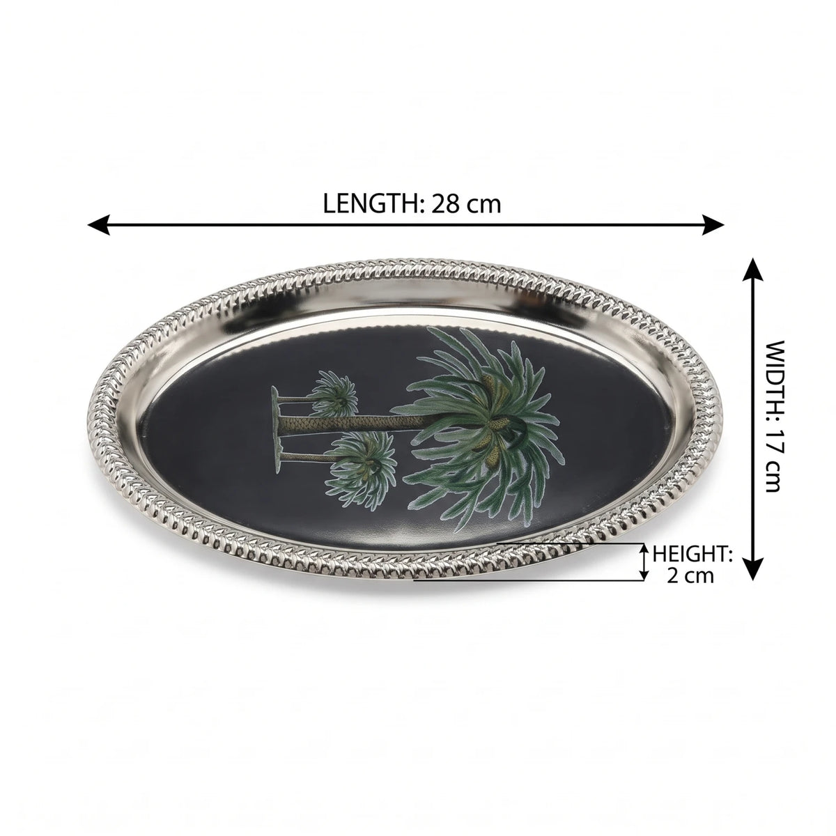 Silver-Toned Oval Serving Tray 28 x 17 x 2 cm with Beaded Rim and Palm Tree Artwork