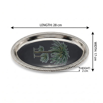 Silver-Toned Oval Serving Tray 28 x 17 x 2 cm with Beaded Rim and Palm Tree Artwork