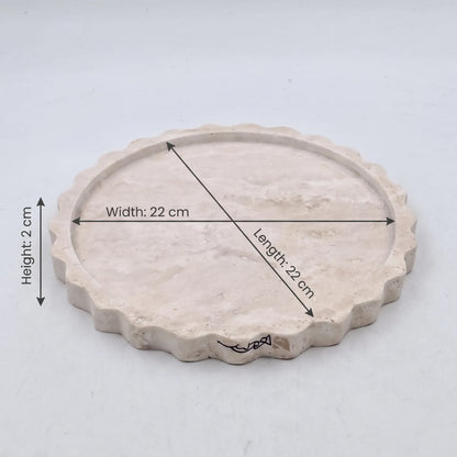 Round Travertine Stone Scalloped Tray – 22 x 22 x 2 cm | Raised Rim | Textured Beige Finish | Decorative Serving Platter
