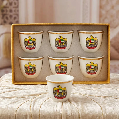 UAE national symbol 6 pieces large Arabic coffee cups set – Fine Porcelain | Gold Trim, UAE Emblems and Matching Saucers