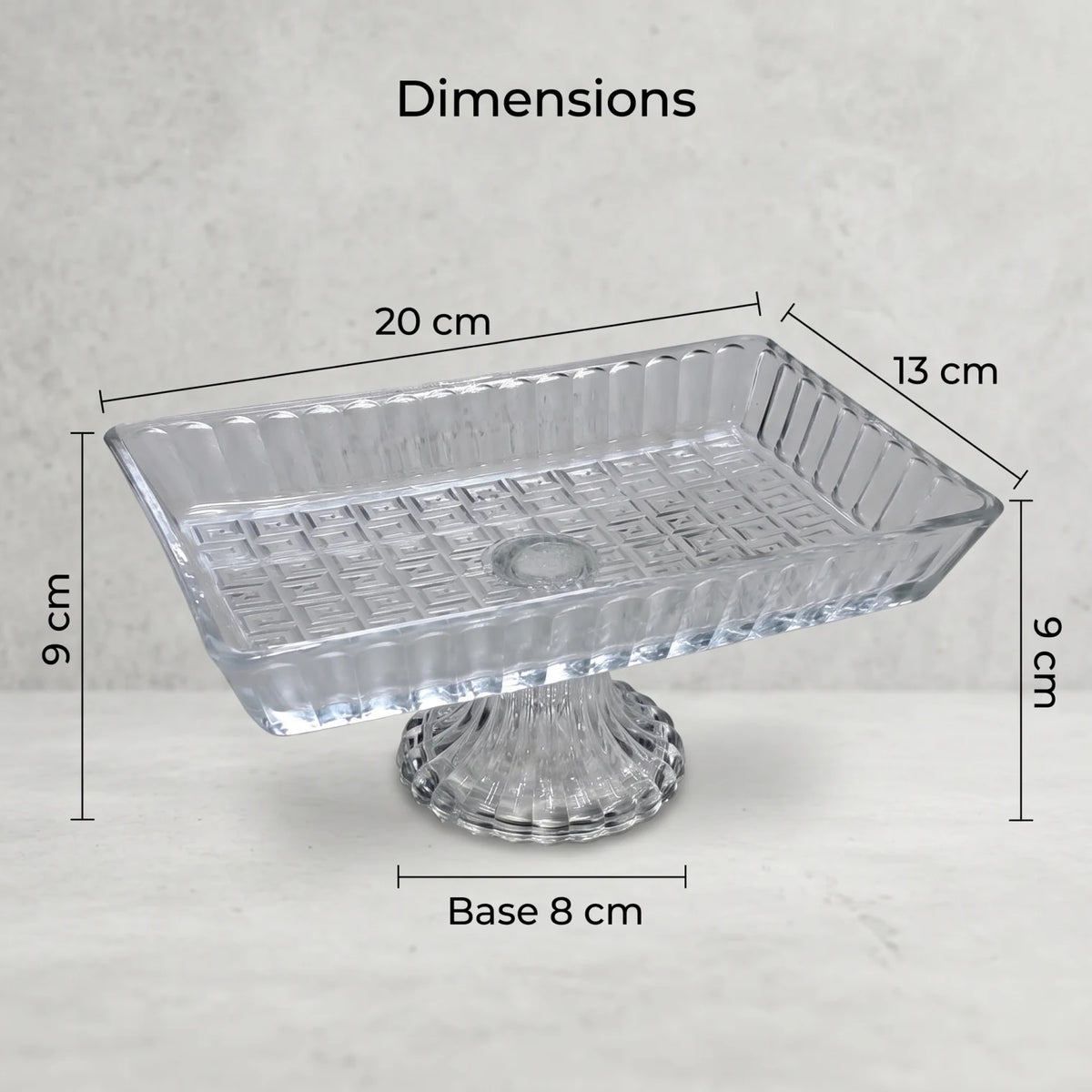 Rectangular Glass Pedestal Serving Stand 20 x 13 x 9 cm – Fluted Rim, Geometric Texture, Fruit, Nut & Dessert Display