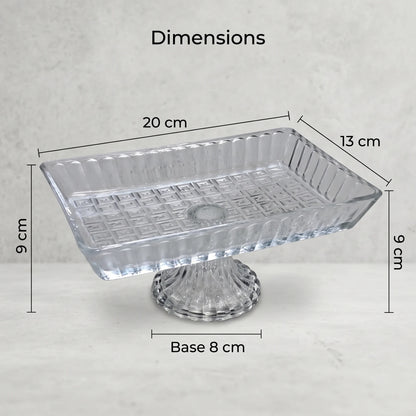 Rectangular Glass Pedestal Serving Stand 20 x 13 x 9 cm – Fluted Rim, Geometric Texture, Fruit, Nut & Dessert Display