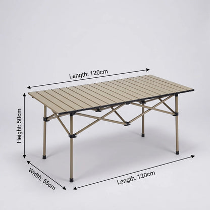 Portable Dark Beige Folding Roll-Up Camping Table – 120cm x 55cm x 50cm | Slatted Top, Metallic Frame for Picnics, BBQs & Outdoor Activities