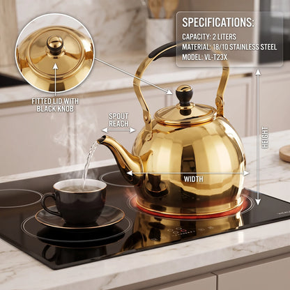 VICALINA 18/10 Stainless Steel Gold Kettle 2 Liters – Reflective Finish, Curved Spout, Fitted Lid, Loop Handle for Tea & Hot Water