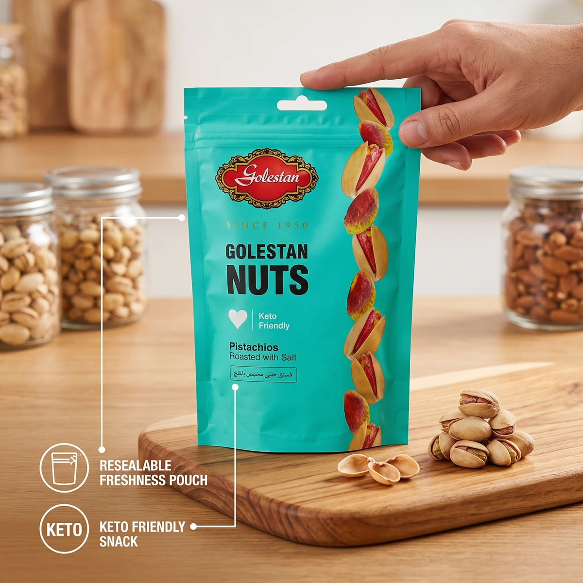 Golestan GOLESTAN NUTS Pistachios Roasted with Salt | Keto Friendly Resealable Pouch | Salted Roasted Pistachio Nuts