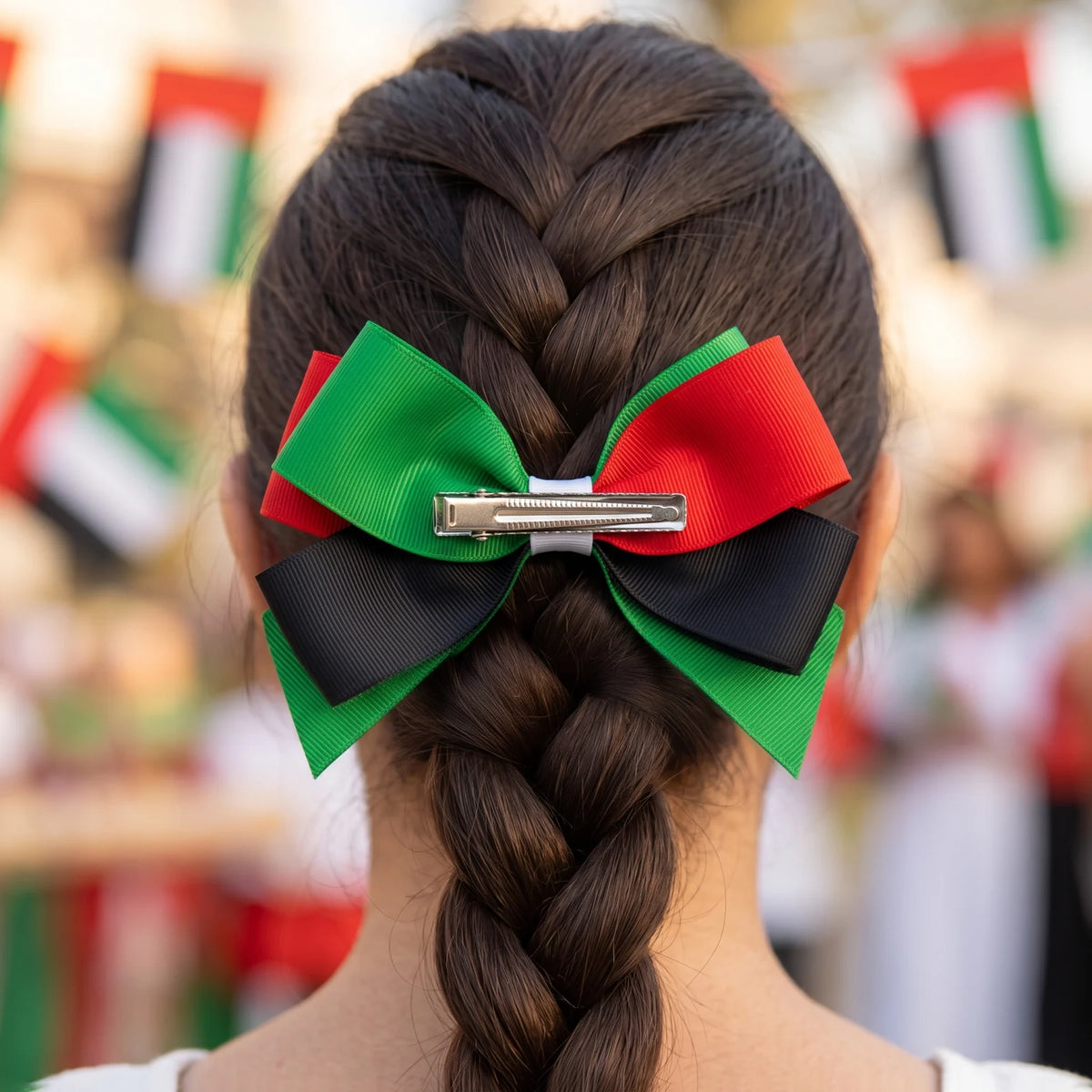 UAE Colors Hair Clip – Green, Red, Black and White Layered Bow Accessory for UAE National Day and UAE Flag Day Celebrations