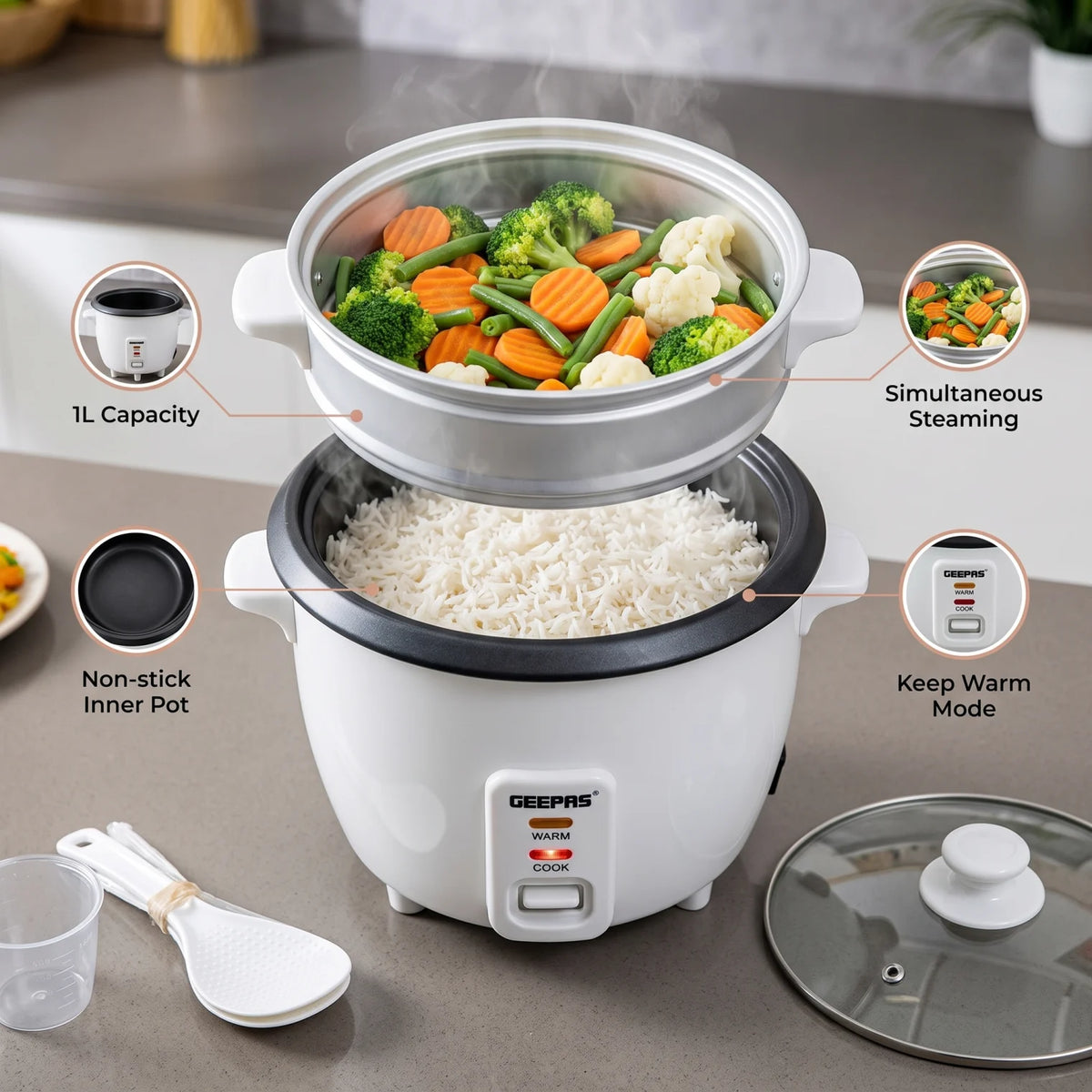 GEEPAS MULTIFUNCTION RICE COOKER GRC4325H – 1L White Rice Cooker with Non-Stick Inner Pot, Cook Function, Keep Warm and Smart Technology