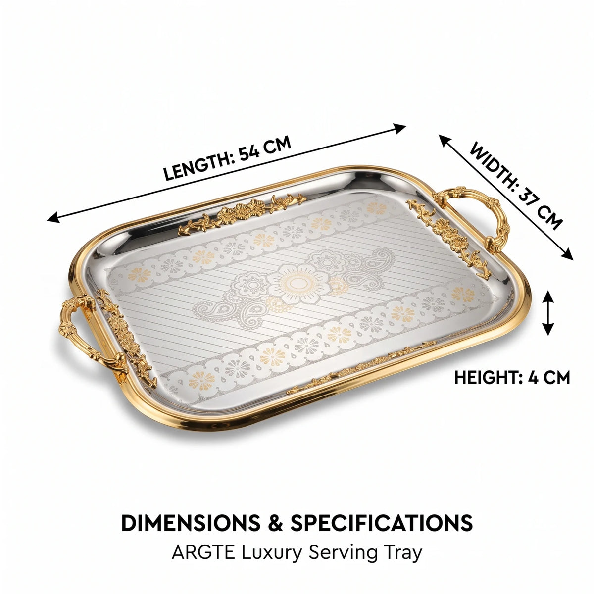 ARGTE Luxury Rectangular Stainless Steel Serving Tray – 54 x 37 x 4 cm | Ornate Gold-Tone Handles | Engraved Decorative Design