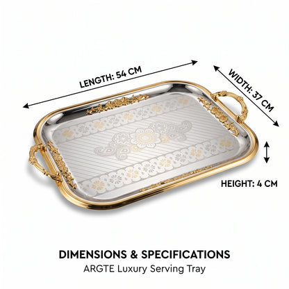 ARGTE Luxury Rectangular Stainless Steel Serving Tray – 54 x 37 x 4 cm | Ornate Gold-Tone Handles | Engraved Decorative Design