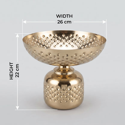Gold-Toned Metal Decorative Bowl Large – 22 x 26 x 26 cm | Footed Design | Raised Decorative Pattern | Reflective Finish