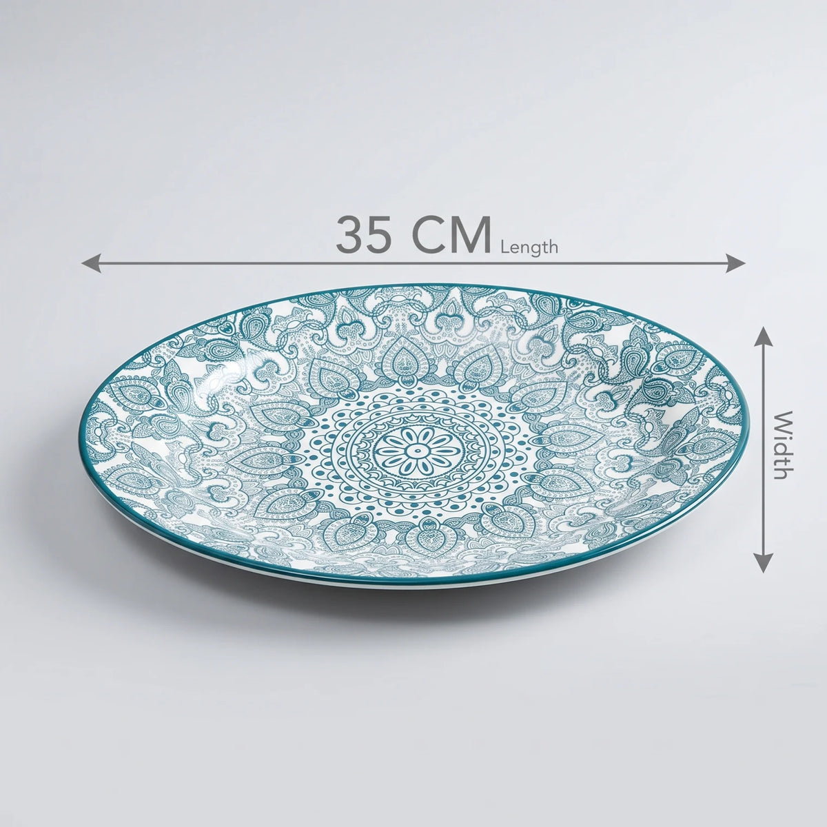 Che Brucia Oval porcelain plate – 30 CM or 35 CM | Green or Blue | Glossy Decorative Porcelain Serving Plate with Raised Rim and Ornamental Pattern - Green / 35 CM - Image 2