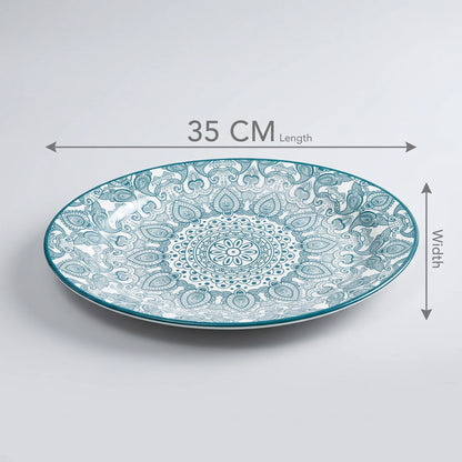 Che Brucia Oval porcelain plate – 30 CM or 35 CM | Green or Blue | Glossy Decorative Porcelain Serving Plate with Raised Rim and Ornamental Pattern - Green / 35 CM - Image 2