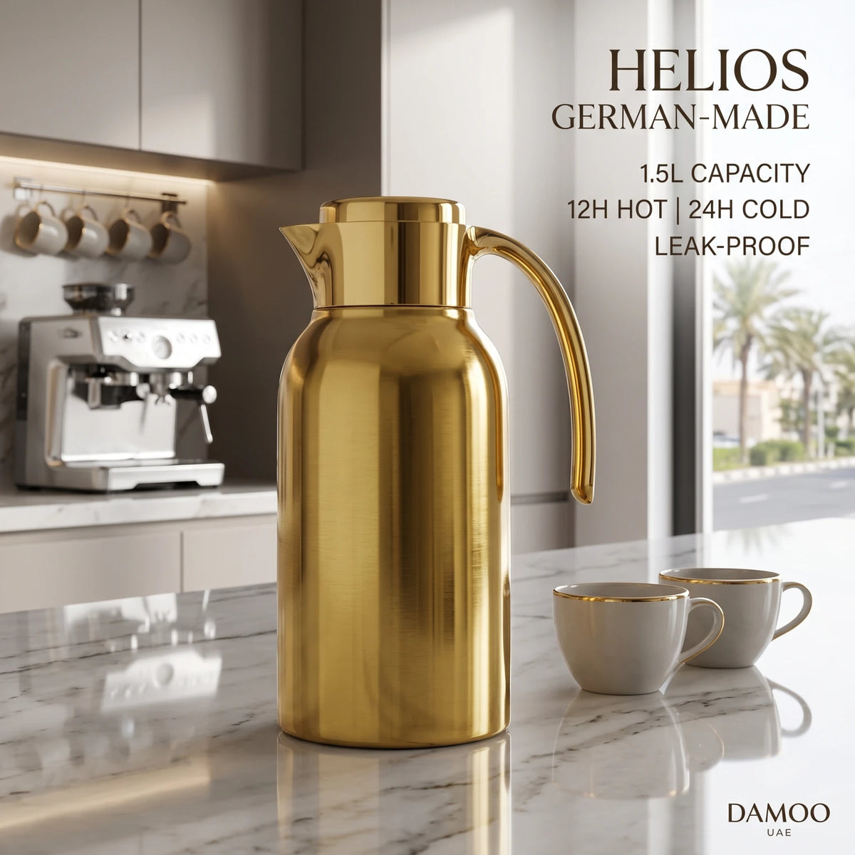 Helios Premium Gold-Finish Stainless Steel Vacuum Flask – 1.5L | Leak-Proof Tea and Coffee Thermos | German-Made