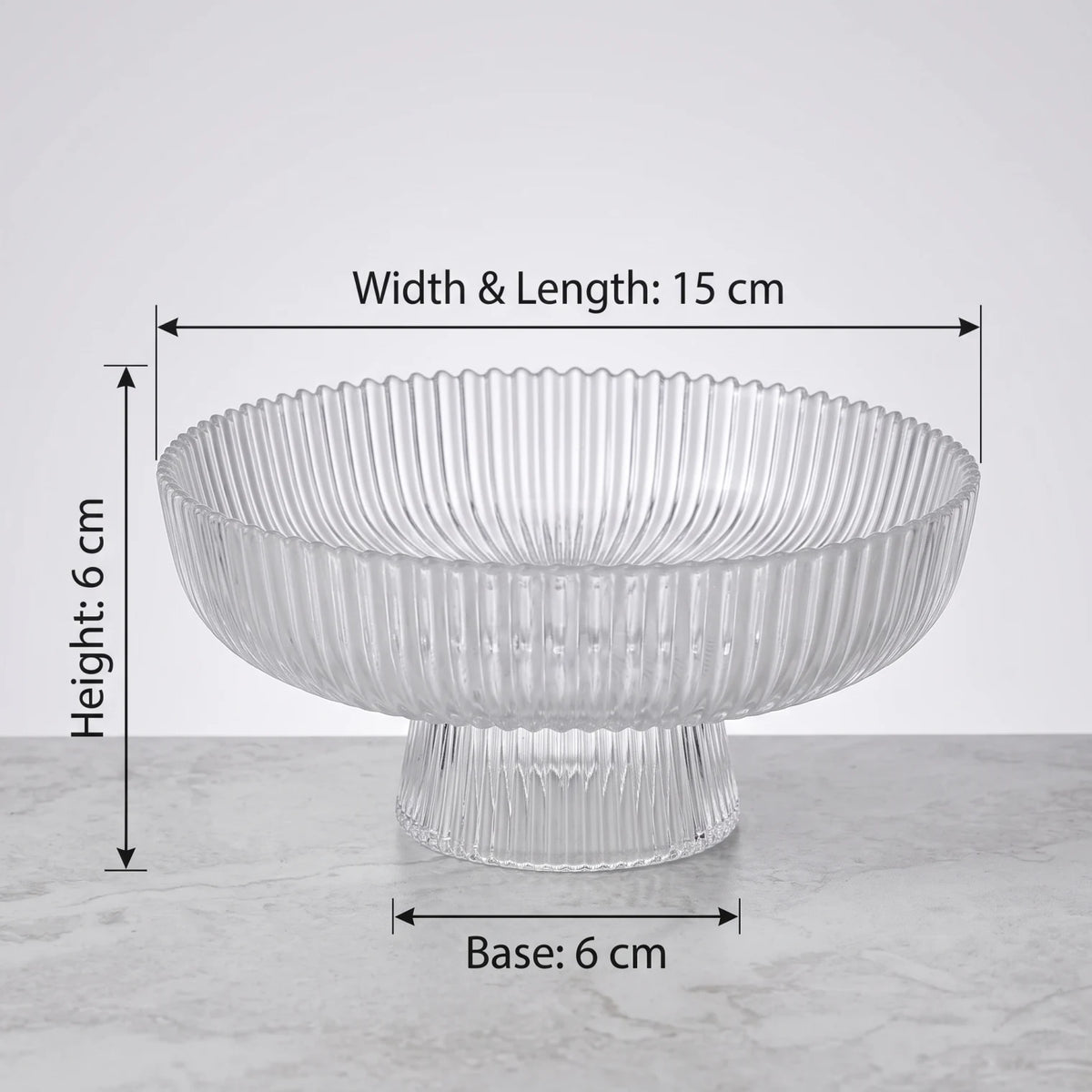 Glass Pedestal Serving Bowl with Fluted Sides – 15 cm Clear Footed Bowl for Dry Fruits and Nuts, 6 cm Base