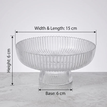 Glass Pedestal Serving Bowl with Fluted Sides – 15 cm Clear Footed Bowl for Dry Fruits and Nuts, 6 cm Base