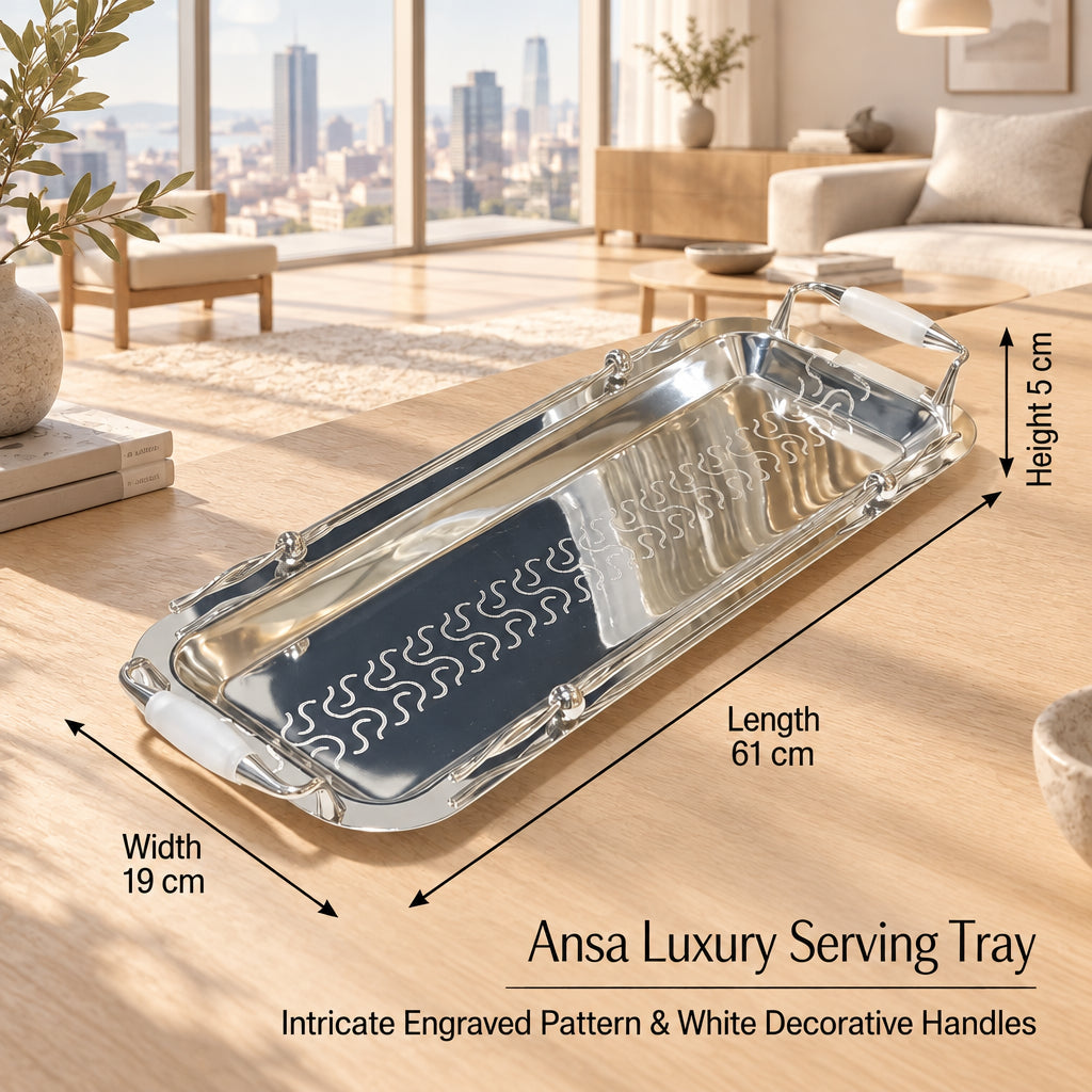 Ansa Luxury Rectangular Stainless Steel Serving Tray 61 x 19 x 5 cm – Engraved Pattern, Decorative Handles, Silver - White or Gold - White - Silver - White - Image 2