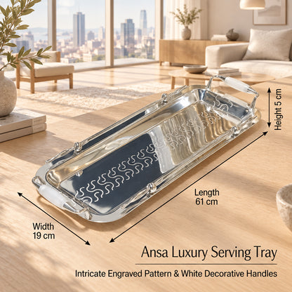 Ansa Luxury Rectangular Stainless Steel Serving Tray 61 x 19 x 5 cm – Engraved Pattern, Decorative Handles, Silver - White or Gold - White - Silver - White - Image 2